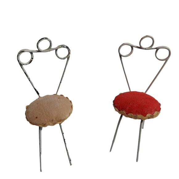 Antique Metal Chairs Japan Miniature Dollhouse Tan Red Sewing Pin Cushion Pair - Picture 1 of 8